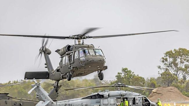 FLIGHTY: United States Army UH-60M Blackhawk hovers above Rockhampton Airport during Talisman Saber. Picture: Russell Prothero