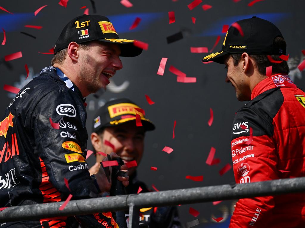 Race winner Max Verstappen shared a laugh with third-placed Charles Leclerc, right, on the podium during the F1 Grand Prix in Spa, Belgium, on July 30. Picture: Dan Mullan/Getty Images