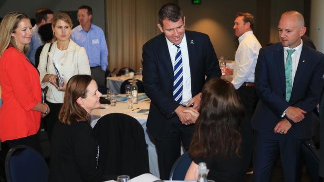 NSW Premier Mike Baird meets Allyson Jennings of Sea Shepherd Shark Defence and Sharnie Connell from No Shark Cull (left). Picture: Toby Zerna