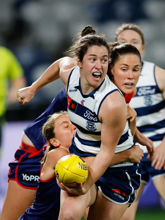 Geelong’s Jackie Parry looks to get the handball out to a team in the Cats’ forward line on Saturday. Picture: Dylan Burns/AFL Photos via Getty Images