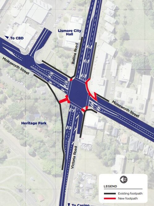 A map of the proposed safety improvements for the Bruxner Highway intersection with Molesworth Street at Lismore, drafted to ease congestion, reduce travel times, ensure safety for pedestrians and cyclists and complement future planning for the Bruxner Highway through Lismore.