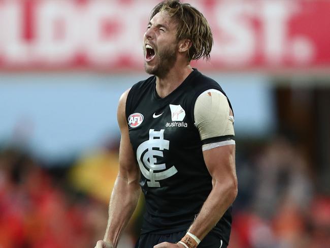 GOLD COAST, AUSTRALIA - APRIL 14: Dale Thomas of the Blues reacts after losing the round four AFL match between the Gold Coast Suns and the Carlton Blues at Metricon Stadium on April 14, 2019 in Gold Coast, Australia. (Photo by Chris Hyde/Getty Images)