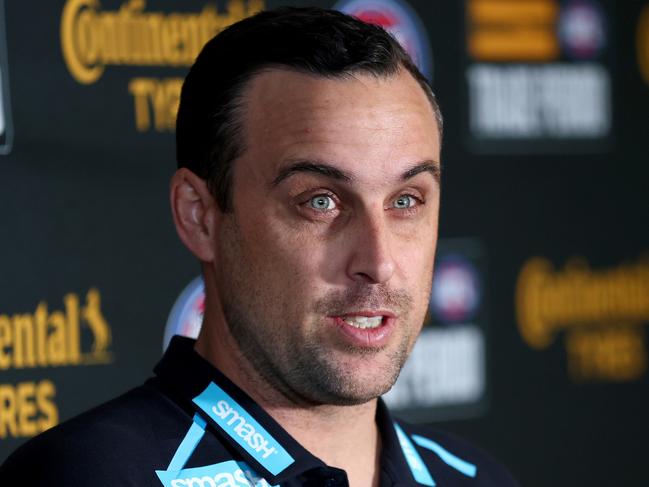 MELBOURNE, AUSTRALIA - OCTOBER 07: Nick Austin, Carlton Head of List Management speaks during the 2024 Continental Tyres AFL Trade Period at Marvel Stadium on October 07, 2024 in Melbourne, Australia. (Photo by Josh Chadwick/AFL Photos via Getty Images)