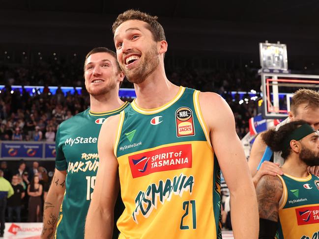 Jarred Bairstow of the JackJumpers celebrates the win during game three of the NBL Championship Grand Final Series between Melbourne United and Tasmania JackJumpers. (Photo by Kelly Defina/Getty Images)