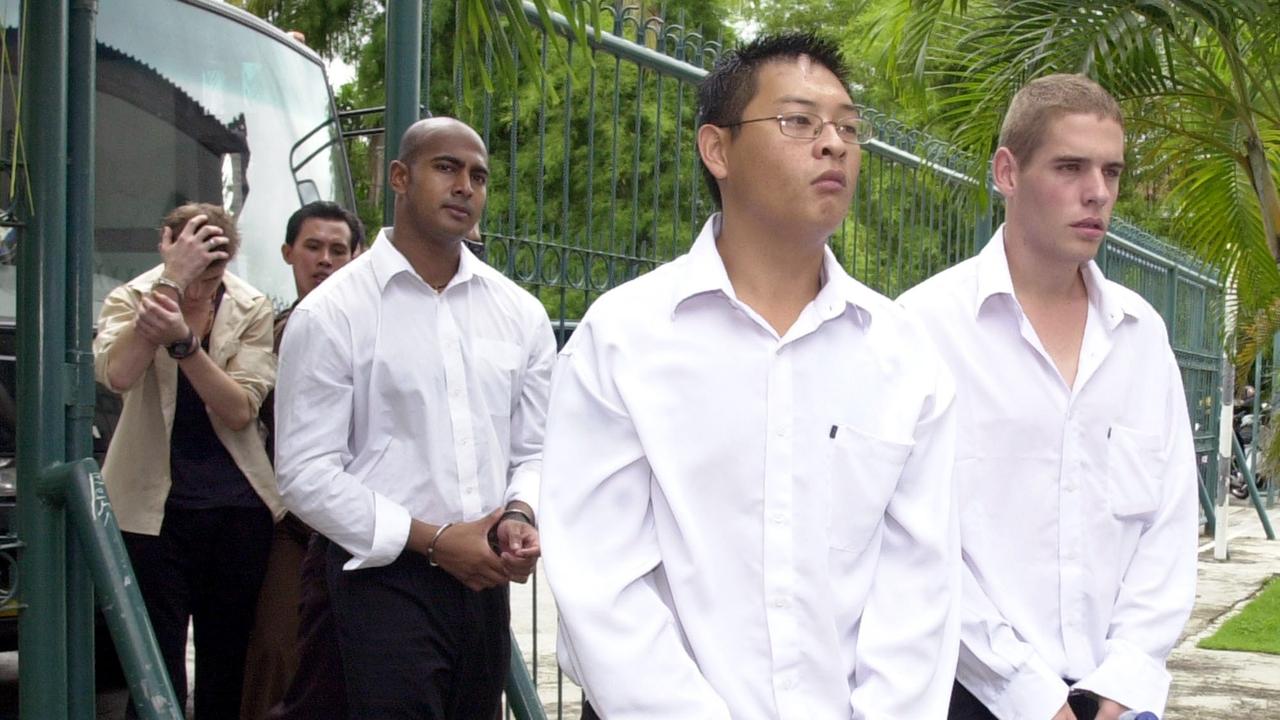 Andrew Chan, Matthew Norman, Myuran Sukumaran and Michael Czugaj arrive in the Denpasar court district in Bali in 2005. Picture: AP