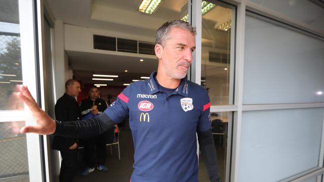 Adelaide United coach leaves what could be his final pre-game media conference in charge of the Reds on Wednesday. Picture: Tait Schmaal