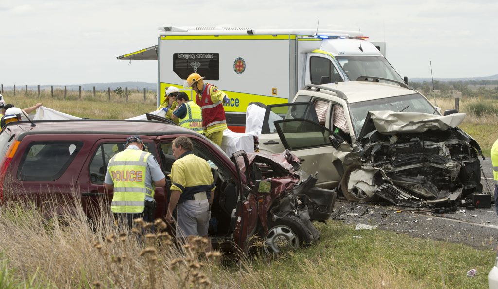 Head on crash between two vehicles, one kilometre east of Zimms corner on Warrego Highway. Picture: Nev Madsen