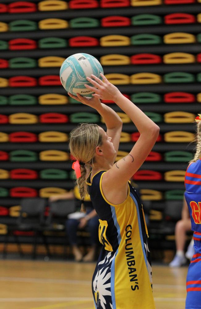 Netball action at QISSN 2024 held in Townsville. St Columbans College v Downlands College
