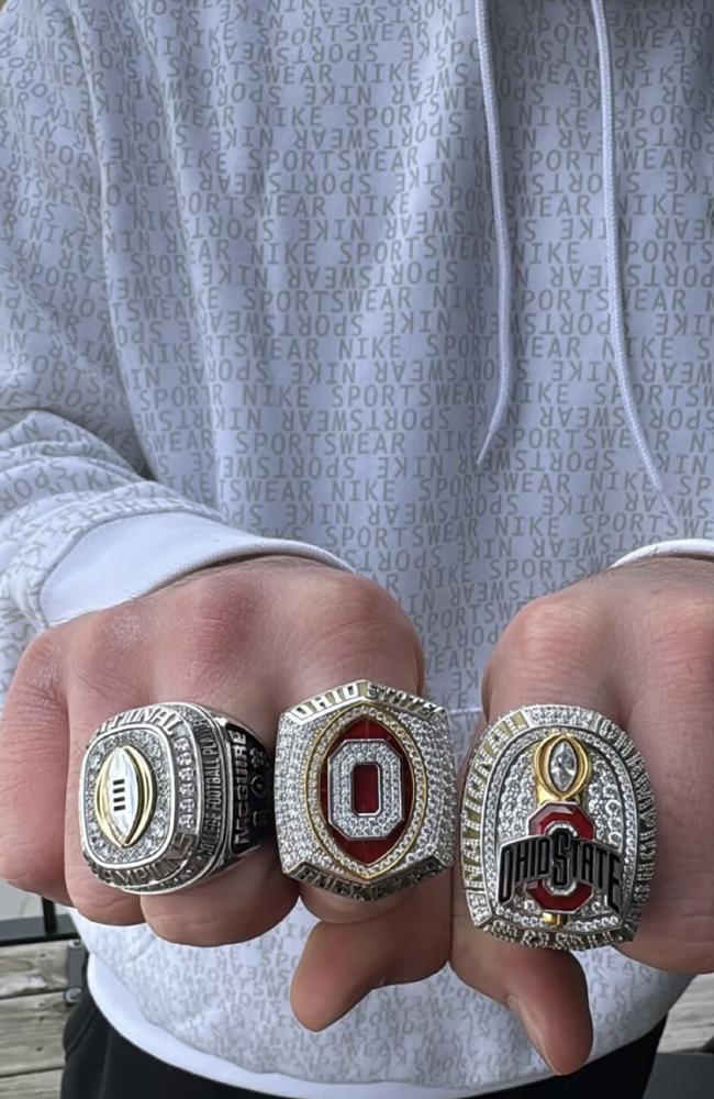 Joe McGuire shows off his college championship rings. Picture: Supplied