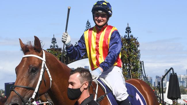 Jamie Kah after winning the Group 1 Black Caviar Lightning Stakes with Nature Strip. Picture: Racing Photos via Getty Images