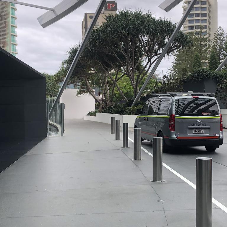 An ambulance outside a Gold Coast resort in January 2020 for a suspected case of coronavirus