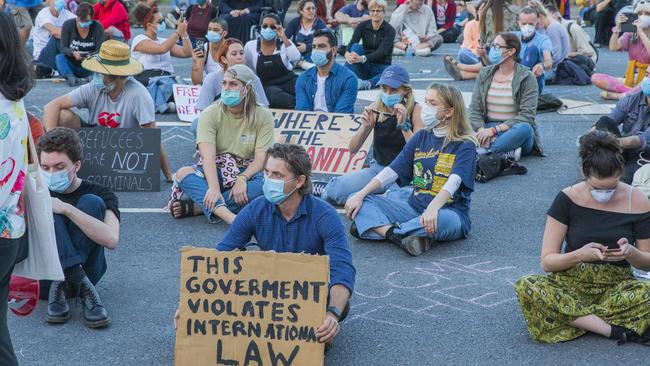 Protesters at Kangaroo Point yesterday. Picture: Richard Walker