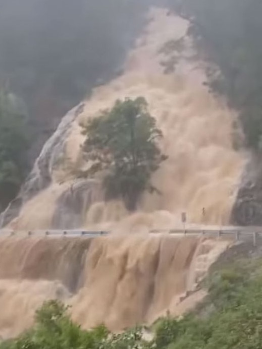 Waterfall Way at Dorrigo has been cut off after almost half a metre of rain fell in the region over four days. Picture: Channel Nine