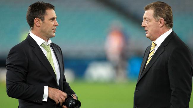 NSW coaching legends ... current mentor Brad Fittler (left) and the most successful Blues boss of all, Phil Gould. Picture: Mark Evans