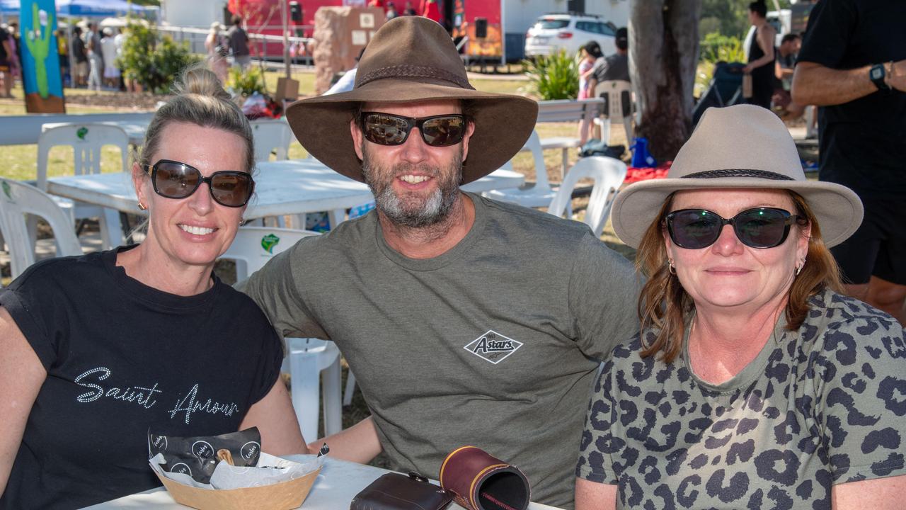 (From left) Katrina and Scott Thompson with Lisa Harris at the Murphys Creek Chilli and Craft carnival. Sunday, September 22, 2024. Picture: Nev Madsen