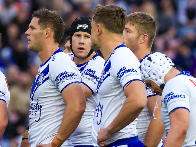 NEWCASTLE, AUSTRALIA - AUGUST 13: Bulldogs look on after a Knights try during the round 24 NRL match between Newcastle Knights and Canterbury Bulldogs at McDonald Jones Stadium on August 13, 2023 in Newcastle, Australia. (Photo by Jenny Evans/Getty Images)