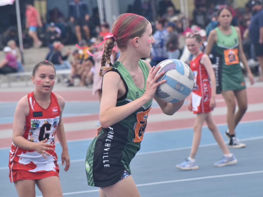 On court at the Cap Coast Junior Netball Carnival at the Barmaryee Multi Sports Precinct, Yeppoon, on August 11, 2024. Photo: Pam McKay