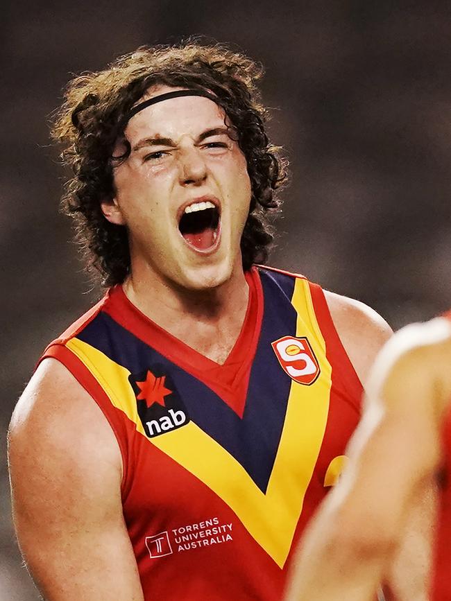 Lachlan Burrows celebrates a goal during the AFL under-18 championships match between South Australia and the Allies at Marvel Stadium. Picture: Michael Dodge / AFL Photos via Getty Images