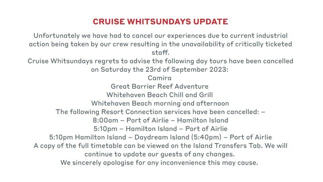 Cruise Whitsundays has been alerting customers of tour cancellations amid industrial action by their employees. Picture: Contributed