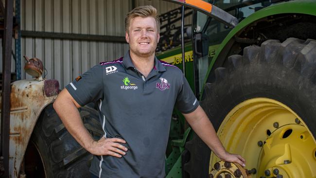 Reds prop Harry Hoopert on the family grain farm at Jondaryan. Picture: Brendan Hertel, QRU