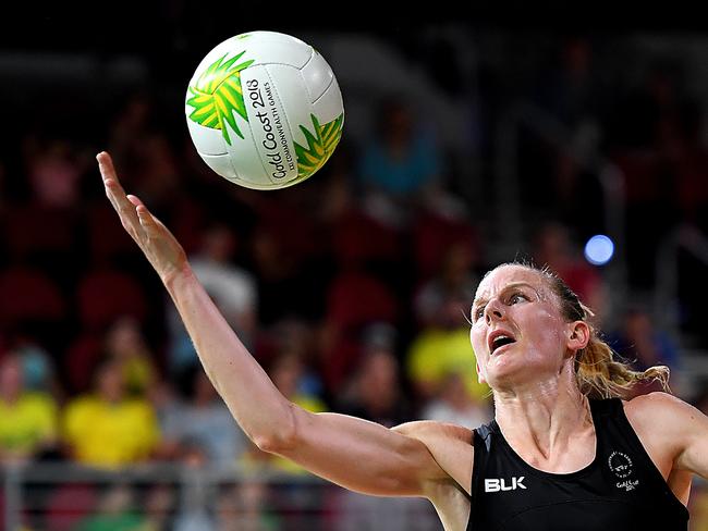 GOLD COAST, AUSTRALIA - APRIL 05: Katrina Grant of New Zealand competes during the Netball match between New Zealand and Uganda on day one of the Gold Coast 2018 Commonwealth Games at Gold Coast Convention and Exhibition Centre on April 5, 2018 on the Gold Coast, Australia. (Photo by Albert Perez/Getty Images)