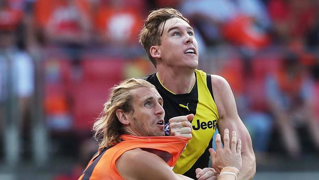 Tom Lynch battles with GWS Giants defender Nick Haynes earlier this season. Picture. Phil Hillyard.