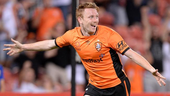 Corey Brown celebrates scoring at Suncorp.