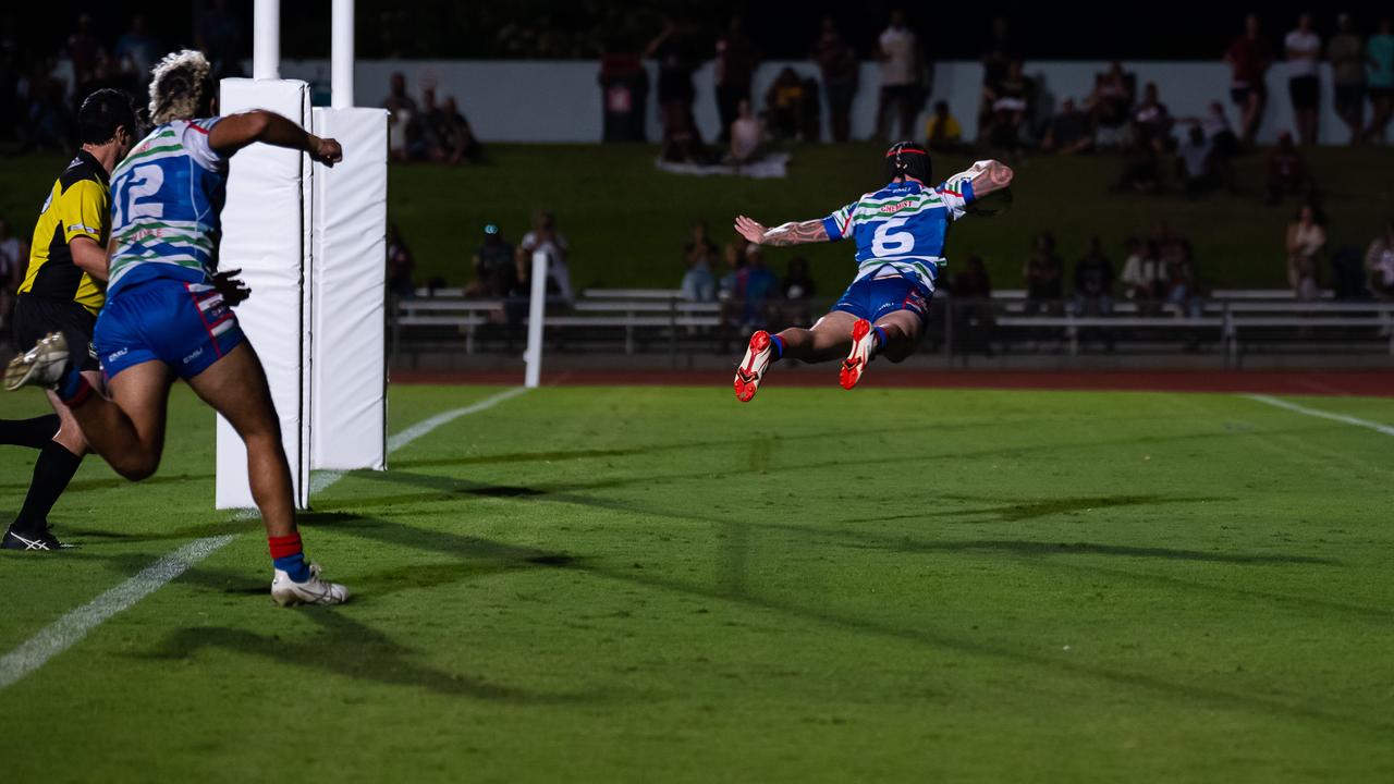 Innisfail Leprechauns' Aaron Jolley takes flight with the first try of the 2021 Cairns District Rugby League Premiership. Picture: Emily Barker