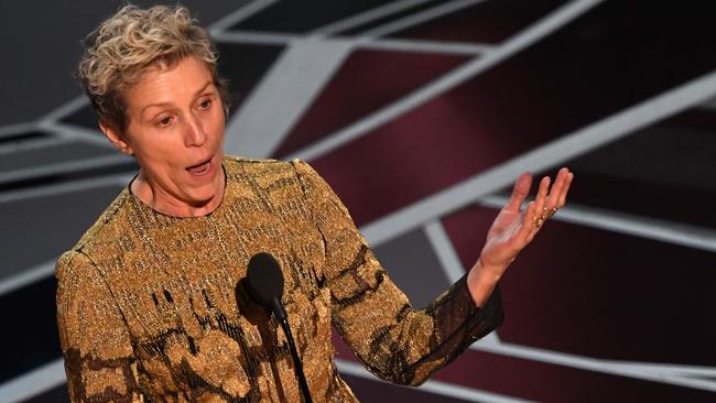 Frances McDormand delivers her Oscar speech. AFP.