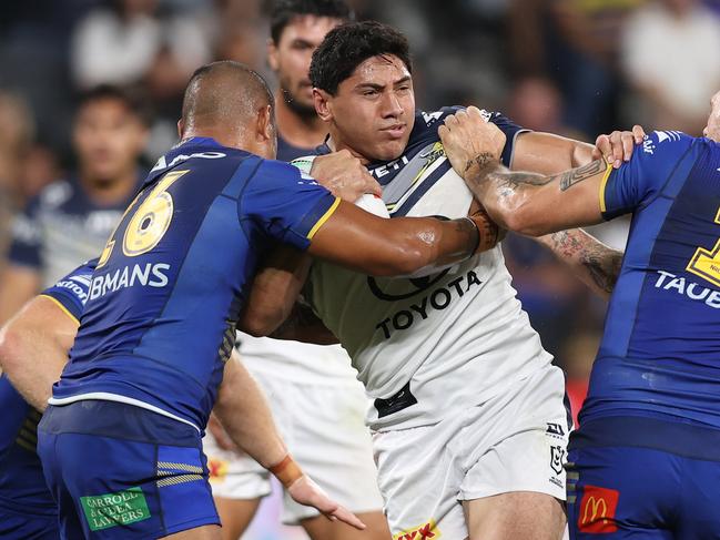 SYDNEY, AUSTRALIA - APRIL 13: Jason Taumalolo of the Cowboys is tackled during the round six NRL match between Parramatta Eels and North Queensland Cowboys at CommBank Stadium on April 13, 2024 in Sydney, Australia. (Photo by Jason McCawley/Getty Images)