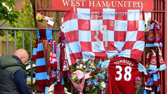 Tributes to Dylan Tombides outside West Ham’s Upton Park ground in 2014. Picture: Getty Images