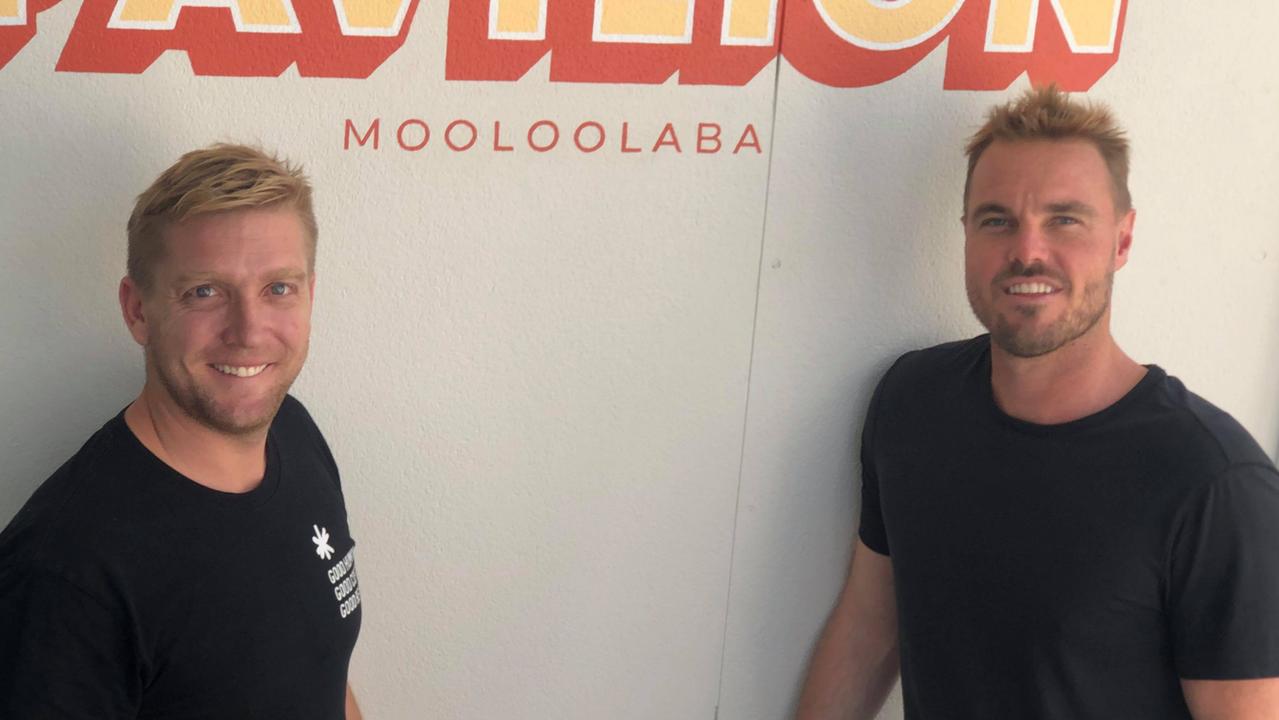 Developer and real estate director Craig Morrison and Good Bean Franchising CEO Shane Hepburn have joined forces to open their new Mediterranean inspired bar and restaurant, Pavilion Mooloolaba. Picture: Laura Pettigrew.