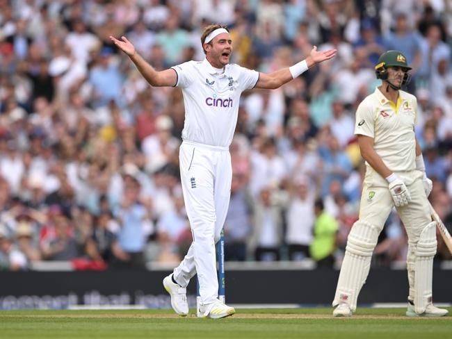 Stuart Broad celebrates after taking the wicket of Pat Cummins - which was overturned after review. Picture: Getty Images