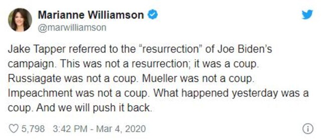 The tweet Ms Williamson posted, then quickly deleted. Picture: Twitter