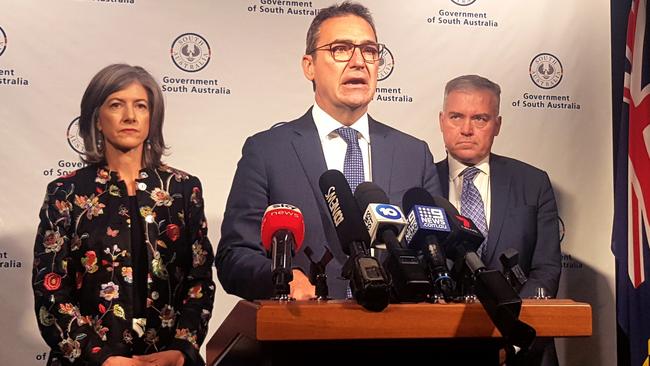 SA Health Chief Public Health Officer Professor Nicola Spurrier, Premier Steven Marshall and Health Minister Stephen Wade. Picture: Andrew Hough