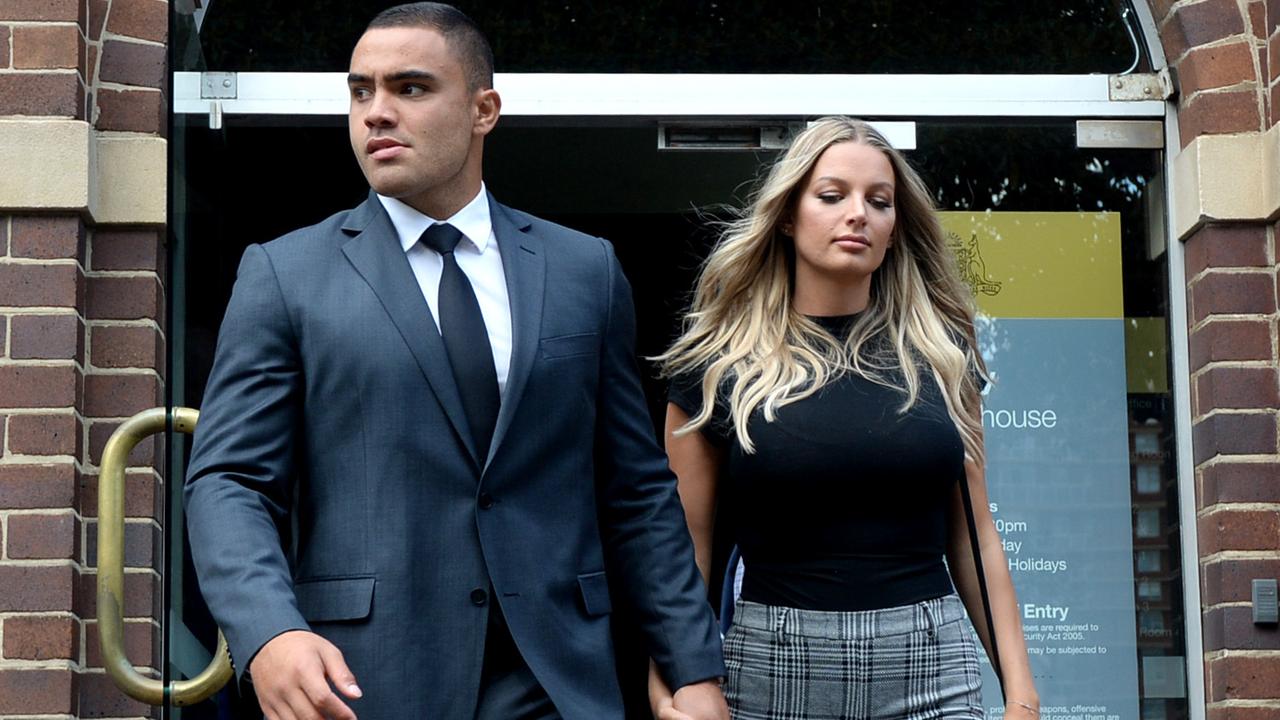 Manly NRL player, Dylan Walker outside Manly court with his partner today, who he is alleged to have assaulted.