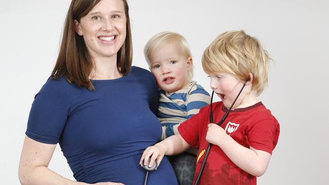 Obstetrician Dr Julia Francis with her two sons, Isaac, aged 20 months, and Elliot, 4. Picture: David Caird