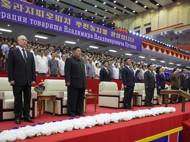 Vladimir Putin and Kim Jong-un during a Gala concert in Pyongyang. Picture: AFP