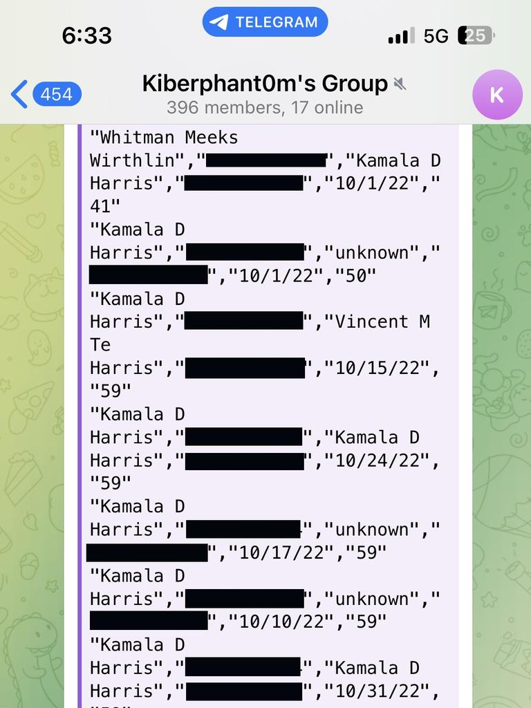 Redacted phone records of Kamala Harris, posted online by hackers. Picture: Supplied