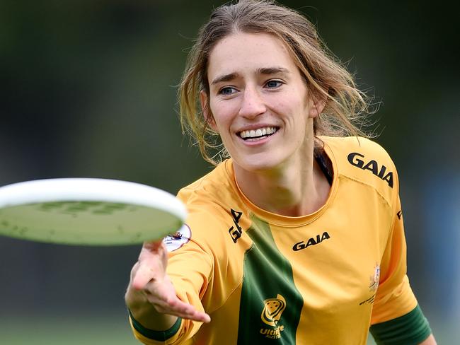 Cat Phillips, Melbourne AFLW footballer and Ultimate Frisbee superstar, and other members of the Australian Ultimate Frisbee team. Australia plays Japan at Punt Road Oval in Richmond on Sunday. Picture: Nicole Garmston