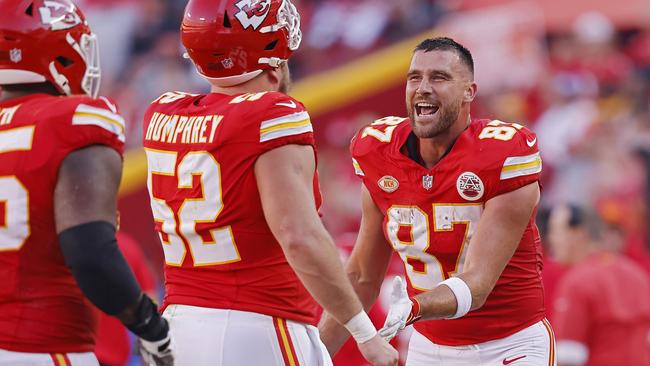 Travis Kelce celebrates a touchdown in Kansas City’s win over the LA Chargers. (Photo by David Eulitt/Getty Images)