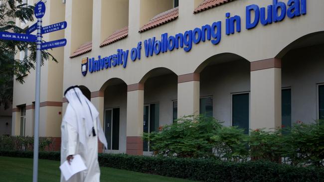 An Emirati student arrives at the building of the University of Wollongong in Dubai. Picture: AP