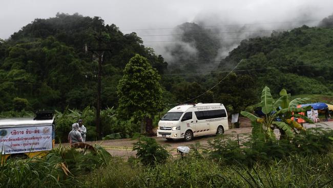 An ambulance leaves the Tham Luang cave area as rescue operations continue for those still trapped inside the cave in Khun Nam Nang Non Forest Park in the Mae Sai district of Chiang Rai province on July 10, 2018. Picture: Ye Aung Thu/AFP