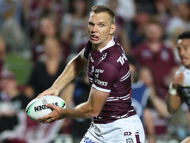 SYDNEY, AUSTRALIA - MARCH 08: Tom Trbojevic of the Sea Eagles makes a break during the round one NRL match between Manly Sea Eagles and North Queensland Cowboys at 4 Pines Park, on March 08, 2025, in Sydney, Australia. (Photo by Cameron Spencer/Getty Images)