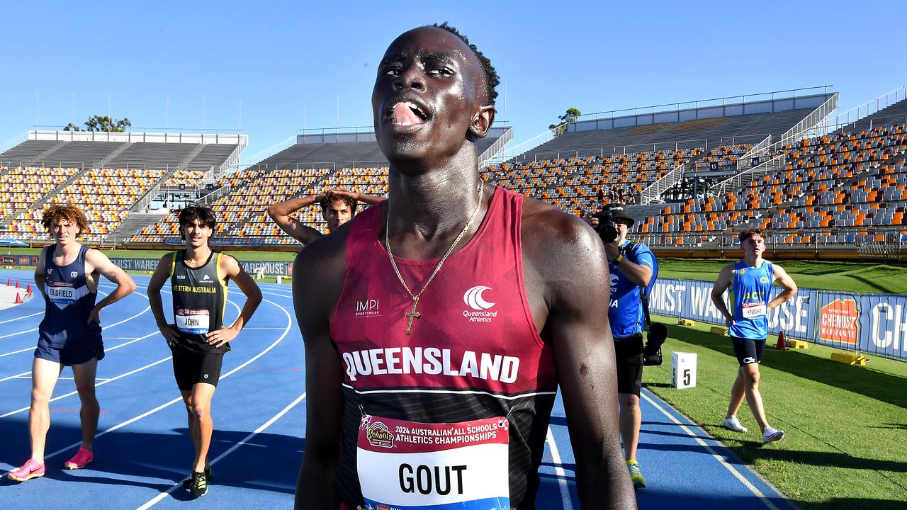 Gout Gout after winning the 200m Australian All Schools track and field championships in Brisbane. Saturday December 7, 2024. Picture John Gass