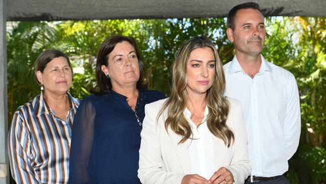 Townsville MPs Janelle Poole, Natalie Marr, Adam Bailie and the Minister for Youth Justice Laura Gerber speak to the media in Townsville. Picture: Shae Beplate.