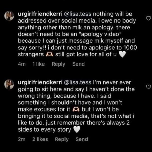 Screenshots taken from before she went offline show her publicly stating she owes 'nobody anything other than Mik an apology'. Picture: Instagram/AussieInfluencerOpinions