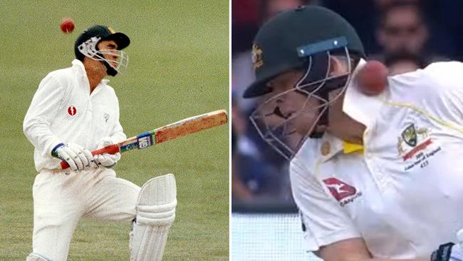 Justin Langer (left) and Steve Smith cop nasty blows to the head. Pictures: File