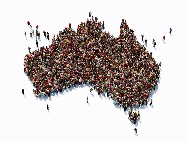 Human crowd forming a big Australian map on white background. Horizontal composition with copy space. Clipping path is included. Population and Social Media concept.