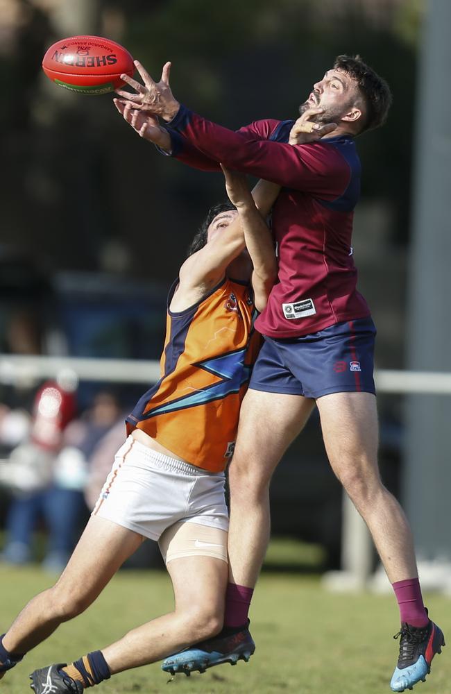 Carrum Patterson Lakes coach Rohan Bleeker marks against Lyndhurst. Picture: Valeriu Campan